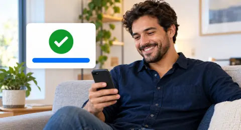 Pessoa no sofá usando o celular, com indicador de abertura de empresa concluída