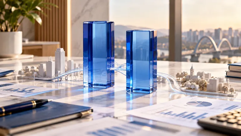 Dois pilares de vidro azul conectados a maquetes urbanas, representando CBS e IBS